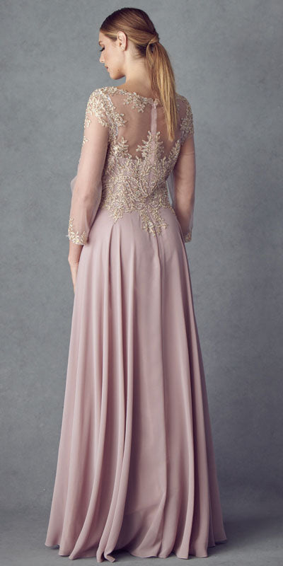 Mauve embroidered long A-line chiffon dress with quarter sleeves and open back detail