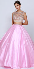 Light pink tulle two-piece quinceanera dress with embellished cap-sleeve bateau bodice