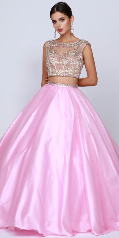Light pink tulle two-piece quinceanera dress with embellished cap-sleeve bateau bodice