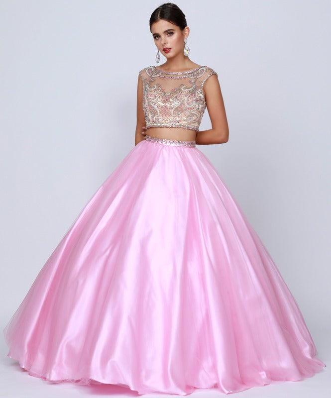 Light pink tulle two-piece quinceanera dress with jewel-like embellished bodice and full skirt