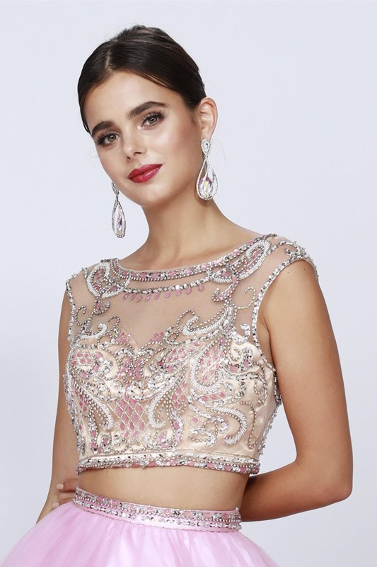Light pink tulle two-piece quinceanera dress with silver-beige embellished cap-sleeve bodice