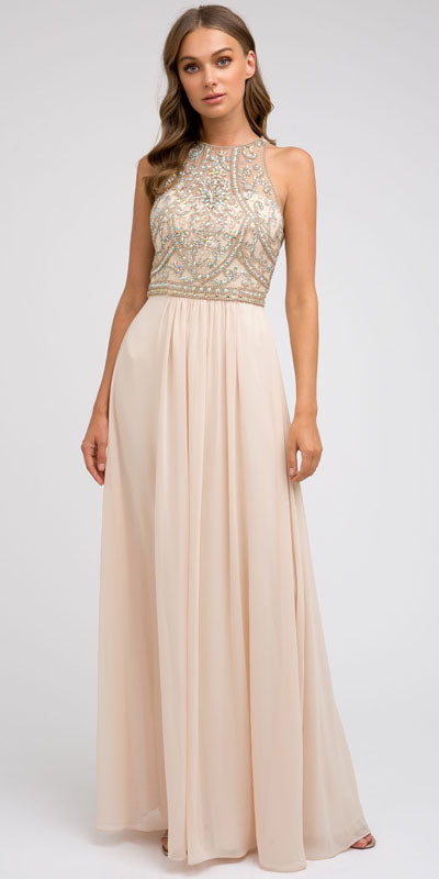 Off-white A-line chiffon floor-length gown with beaded bodice and cutout back