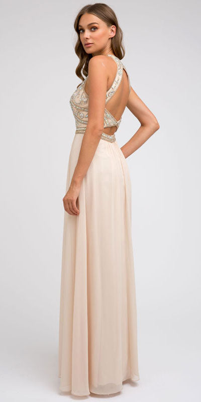 Off-white A-line chiffon floor-length gown, beaded straps and open back