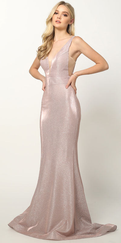 Mauve glitter sheath dress with deep V front and fitted silhouette, floor length