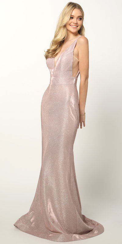 Mauve glitter sheath dress with sleeveless deep V front, floor length