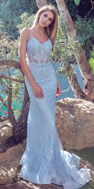 Baby blue embellished lace mermaid dress with thin straps and scalloped bodice