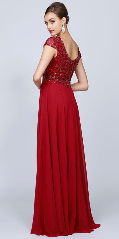 Burgundy long A-line dress with cap sleeves and beaded bodice, back detail visible.