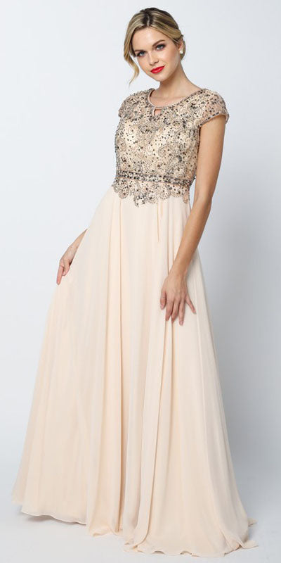 Champagne long A-line dress with cap sleeves and beaded bodice, chiffon pleated skirt.