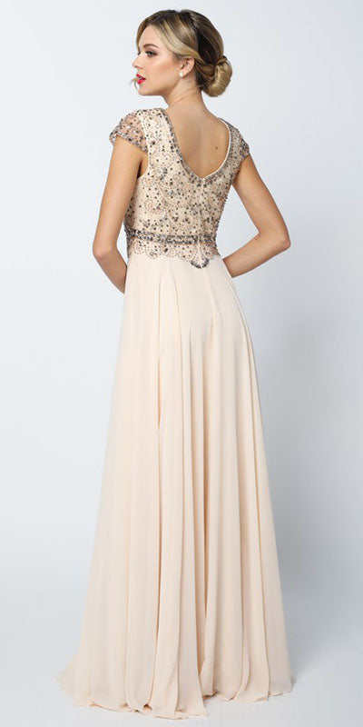 Champagne long A-line dress with cap sleeves and beaded bodice, open-back detail.