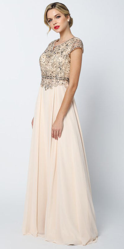 Champagne long A-line dress with cap sleeves and beaded bodice, soft draped skirt.