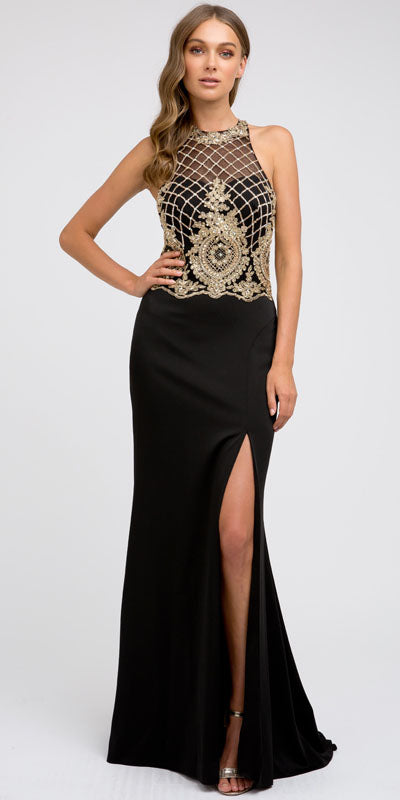 Black formal gown with beaded halter top and dramatic side slit