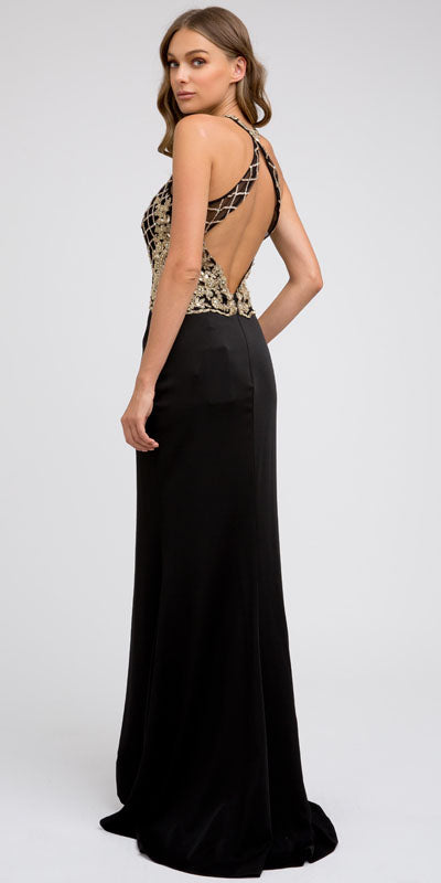 Black formal gown with beaded halter back cut-out and long skirt with slit