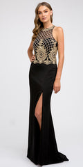 Black formal gown with beaded halter bodice and thigh-high side slit