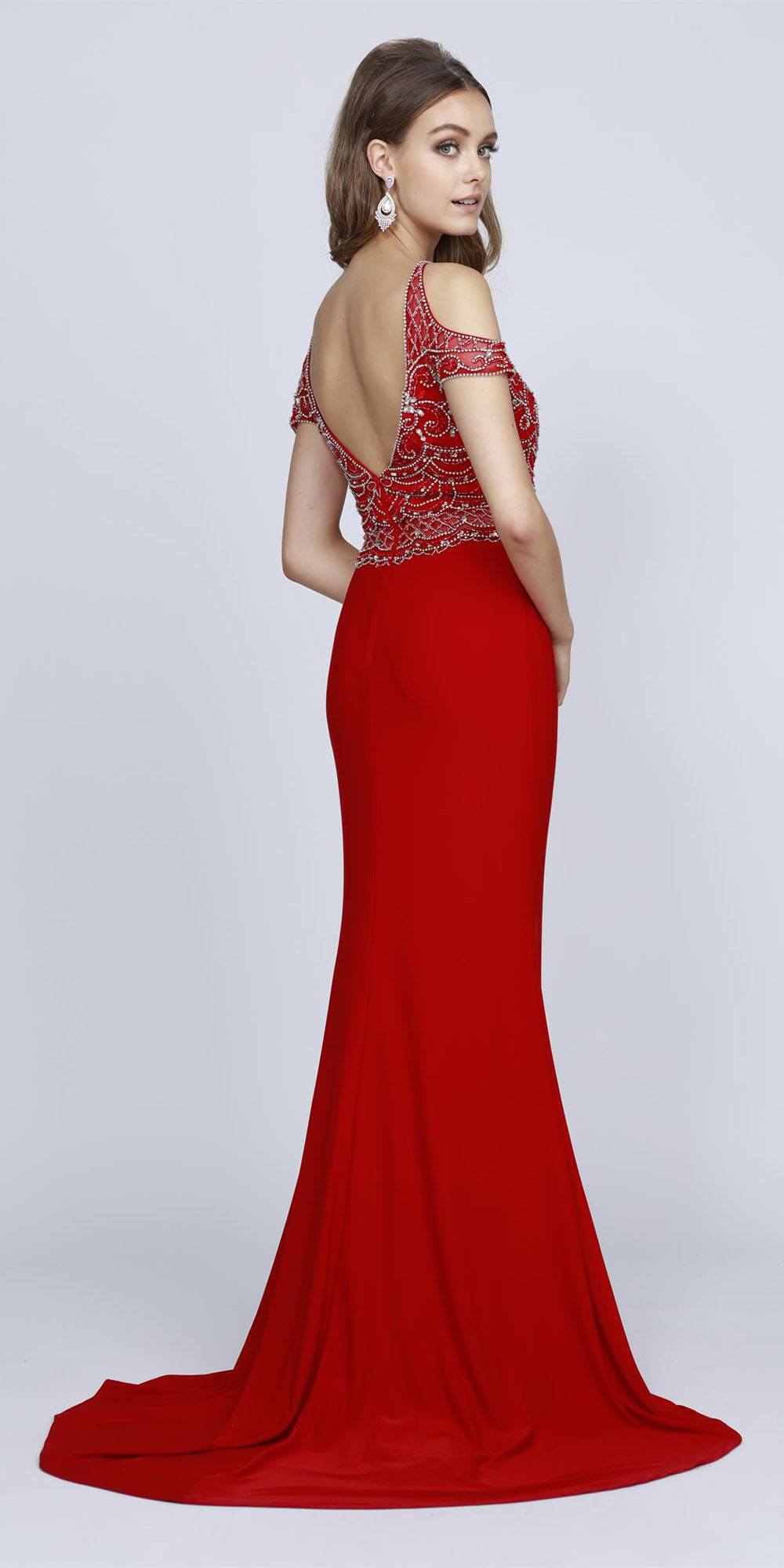 Red cold-shoulder gown with V-neck bodice, fitted waist, and long train