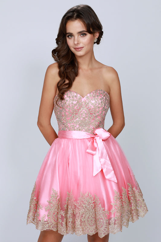 Coral pink strapless sweetheart short dress with gold glitter bodice and bow