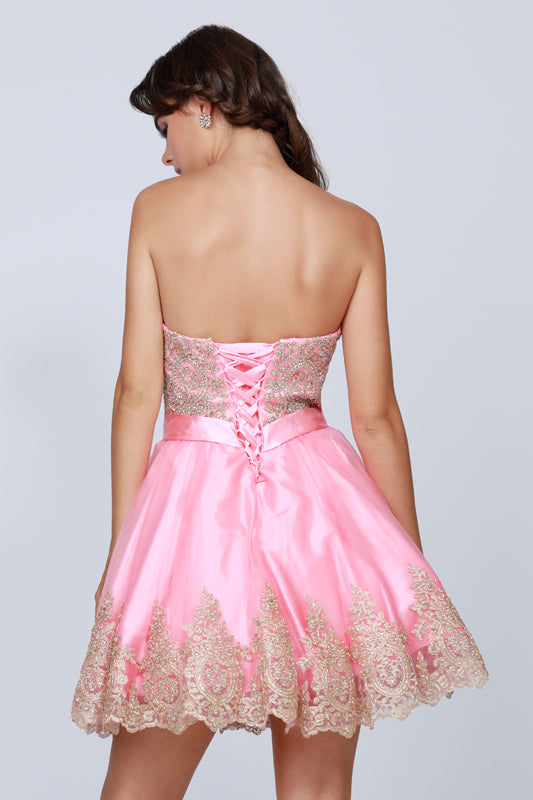 Coral pink strapless short dress with lace-up back detail and waist bow