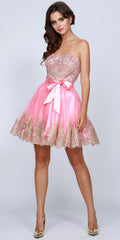 Coral pink strapless short dress with sweetheart neckline, gold glitter print, bow
