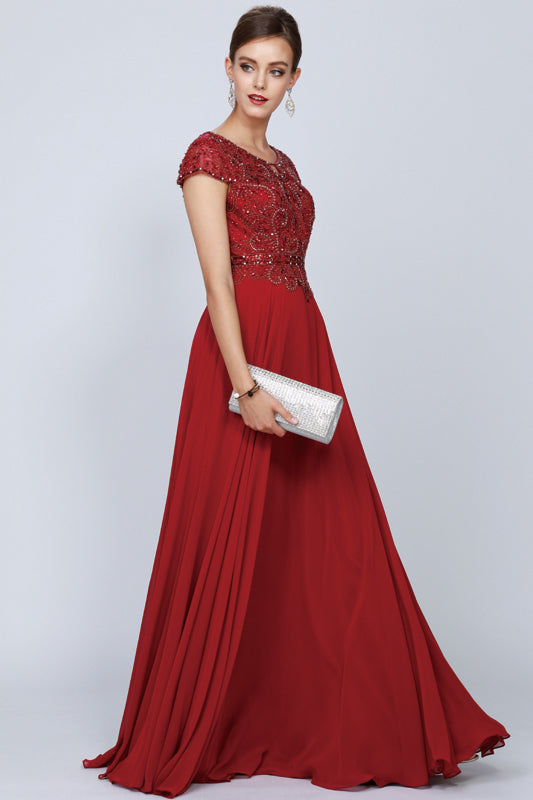 Burgundy A-line long dress with cap sleeves and beaded bodice, full pleated skirt.