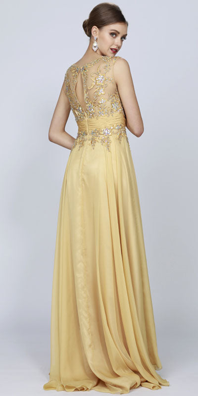 Long A-line evening gown with jewel neckline, sleeveless studded bodice, gold