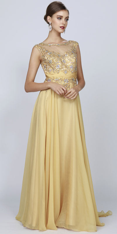 Long A-line evening gown with jewel neckline, sleeveless studded bodice, gold