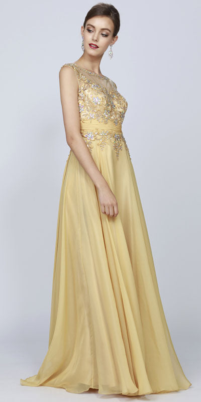 Long A-line evening gown with one-shoulder look, sleeveless studded bodice, gold