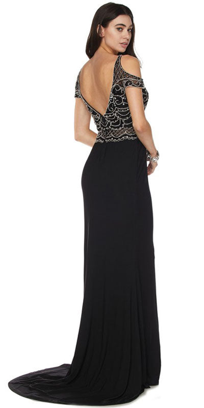 Black cold-shoulder gown with open-back design and embroidered cap sleeves