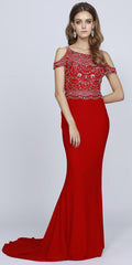 Red cold-shoulder gown with embroidered off-shoulder sleeves and fitted mermaid skirt