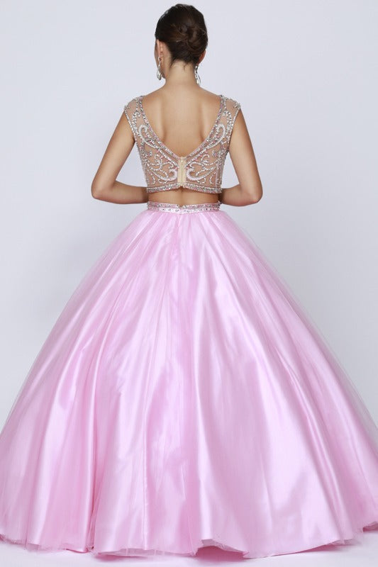 Light pink tulle quinceanera dress, back view with embellished open back and cap sleeves