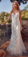 Glitter mesh fitted wedding gown, V-neck with spaghetti straps and flared hem