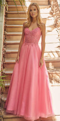 Fuchsia pink sparkle tulle ball gown with embroidered bodice and spaghetti straps