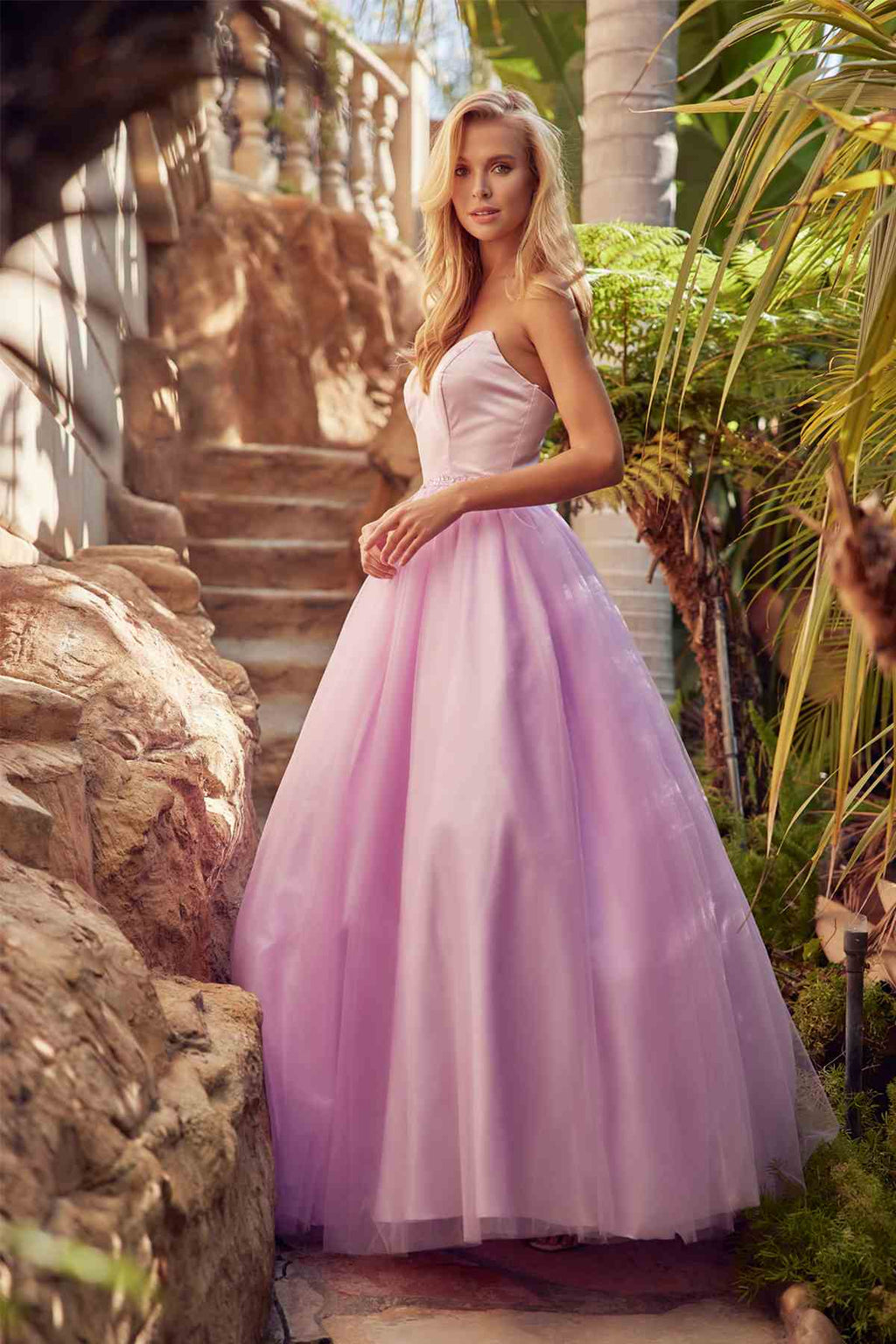 Lilac strapless A-line ball gown with sweetheart bodice and beaded belt
