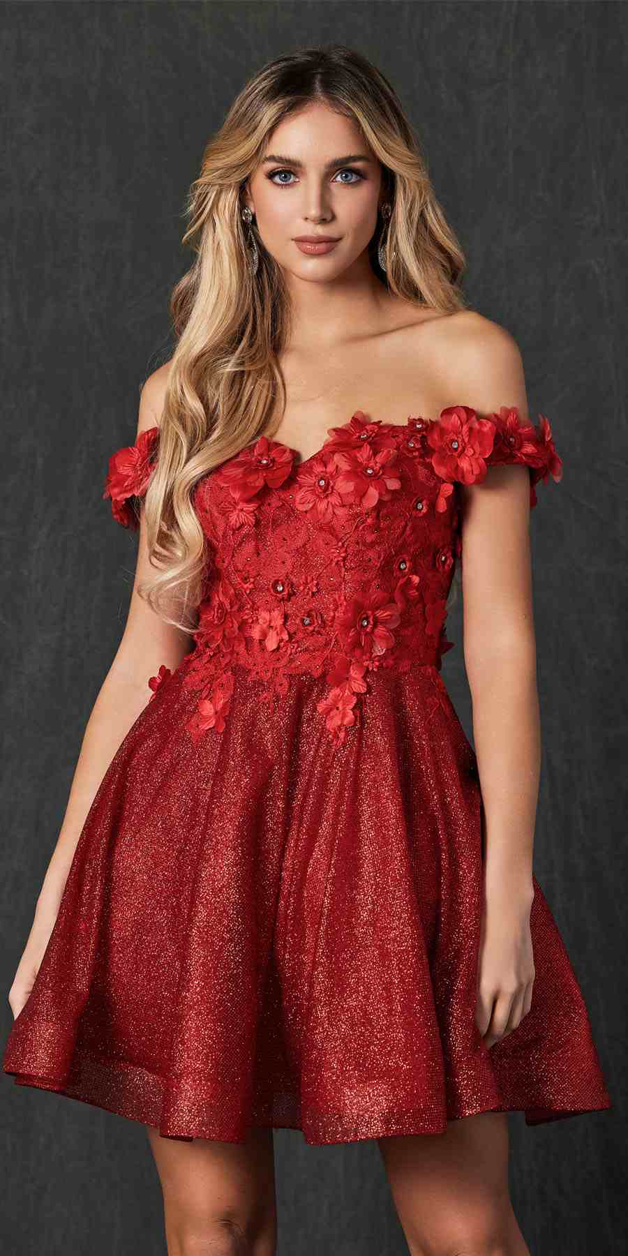 Floral embroidered glitter mesh A-line short dress, off-shoulder, deep red