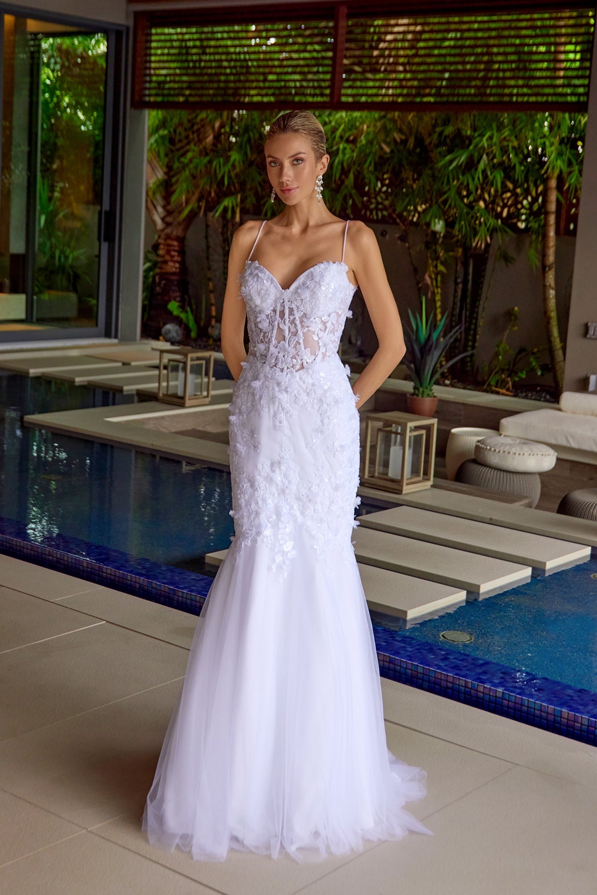 Embellished sweetheart trumpet gown with thin straps, off-white beaded lace bodice