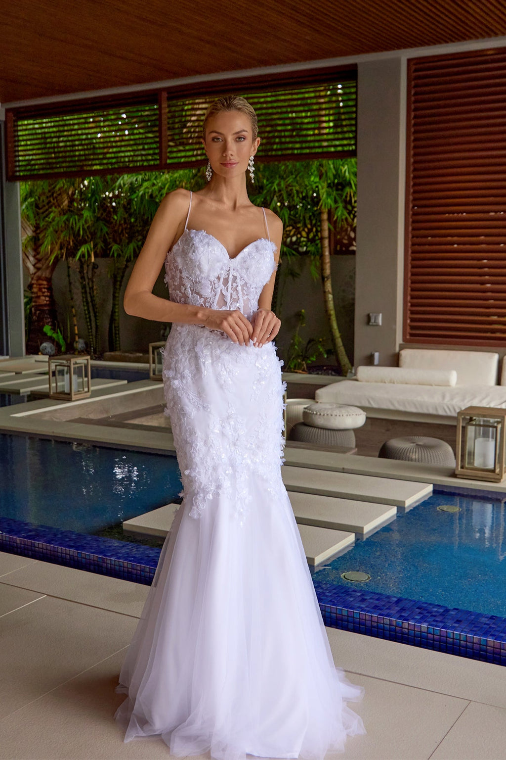 Embellished sweetheart trumpet gown with thin straps, off-white beaded lace bodice and flared skirt