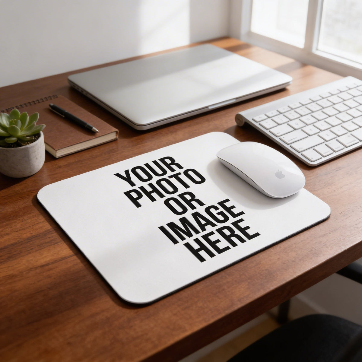 White custom photo mouse pad with "YOUR PHOTO OR IMAGE HERE" text and a mouse on it