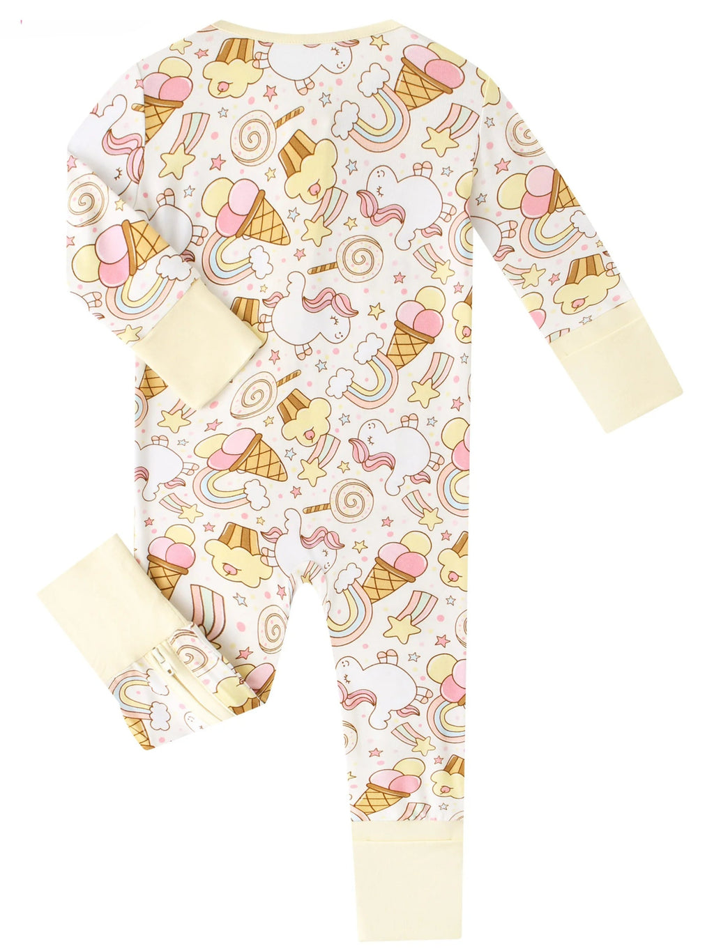 Bamboo baby romper with long sleeves and allover rainbow snacks print in cream