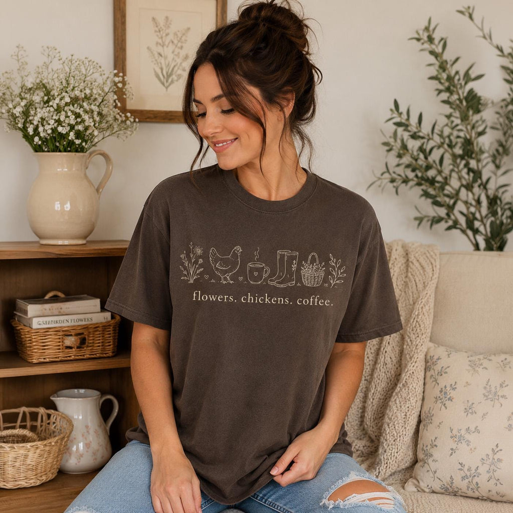 Dark gray unisex t-shirt with chicken, coffee, and flowers graphic on the chest