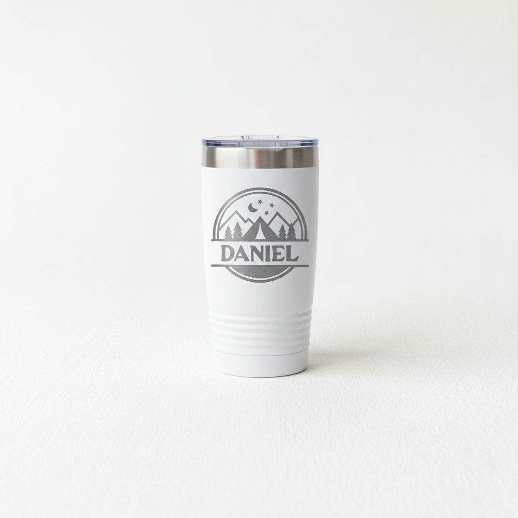 White insulated travel mug with mountain stars “Daniel” logo and brushed steel lid