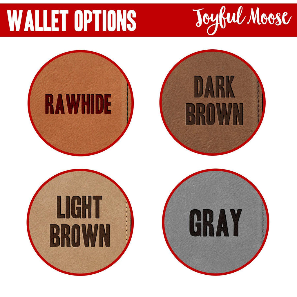 Engraved leather slim bifold wallet color swatches: rawhide, dark brown, light brown, gray