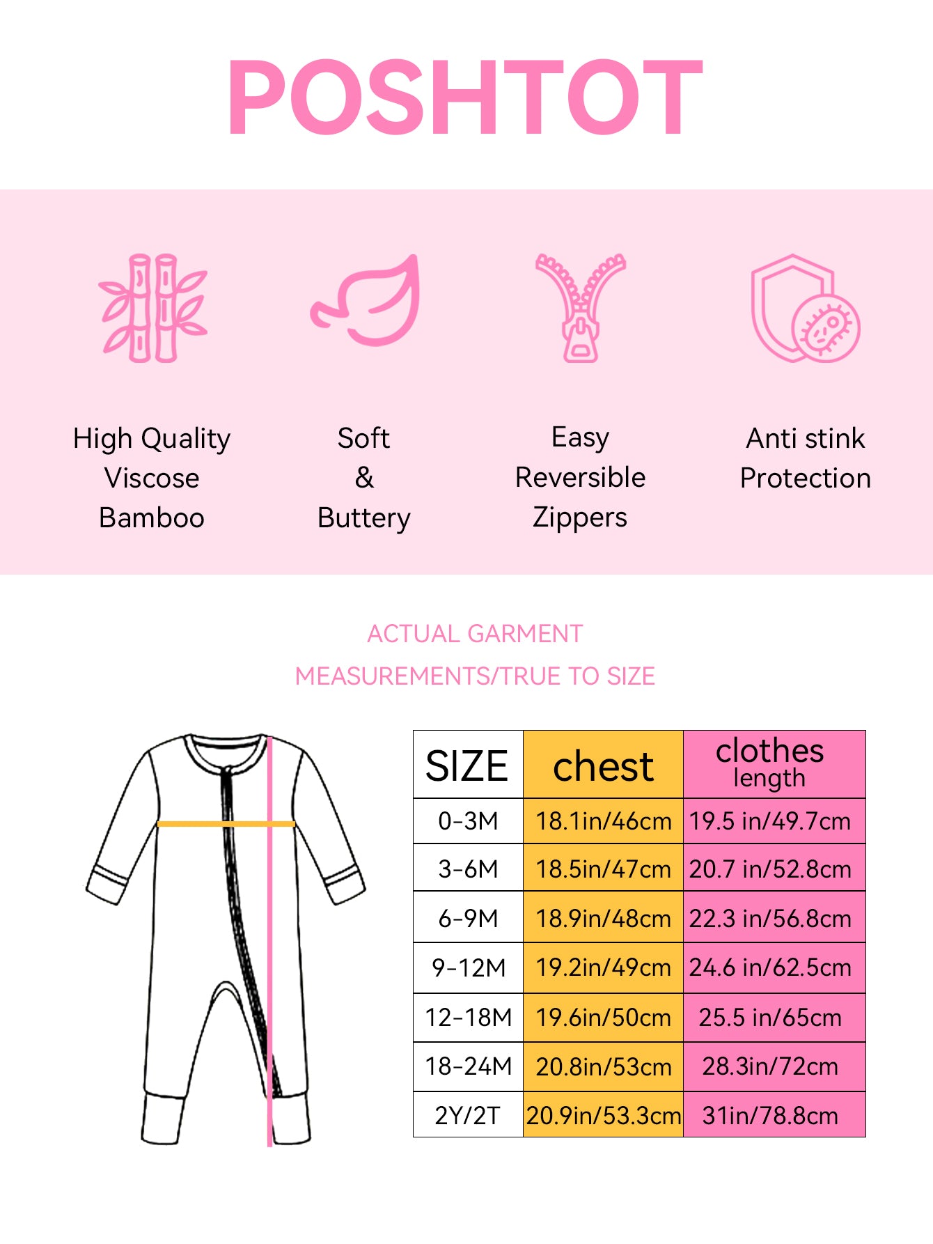 PoshTOT size chart with actual garment measurements by size
