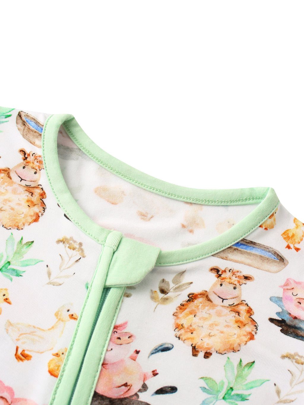 Round neckline with mint trim on white animal-print baby romper, close-up