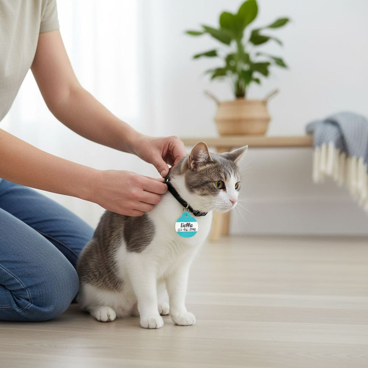 Gray and white cat wearing round turquoise chevron ID tag on collar