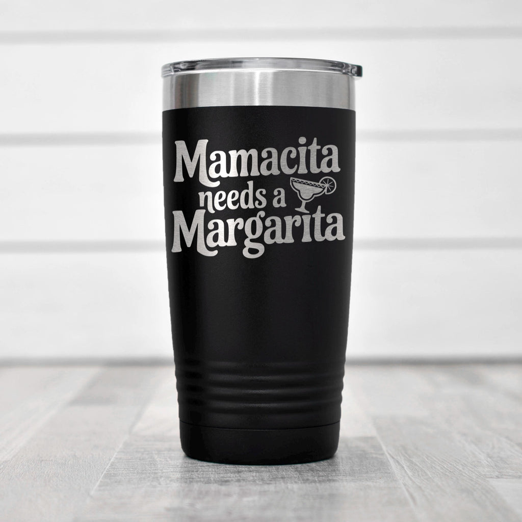 Black insulated tumbler with Mamacita needs a Margarita text and clear stainless lid