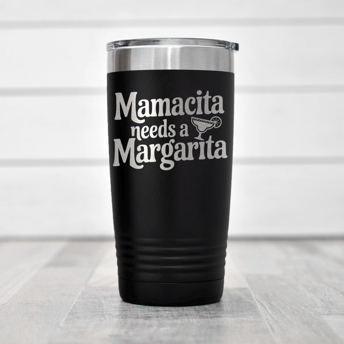 Black insulated tumbler with Mamacita needs a Margarita text and clear stainless lid