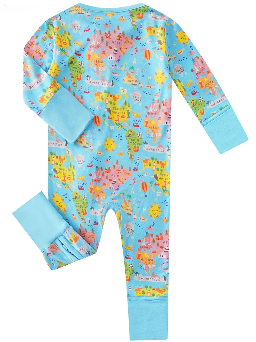 Baby convertible bamboo romper, light blue world map print, long sleeves and zip front
