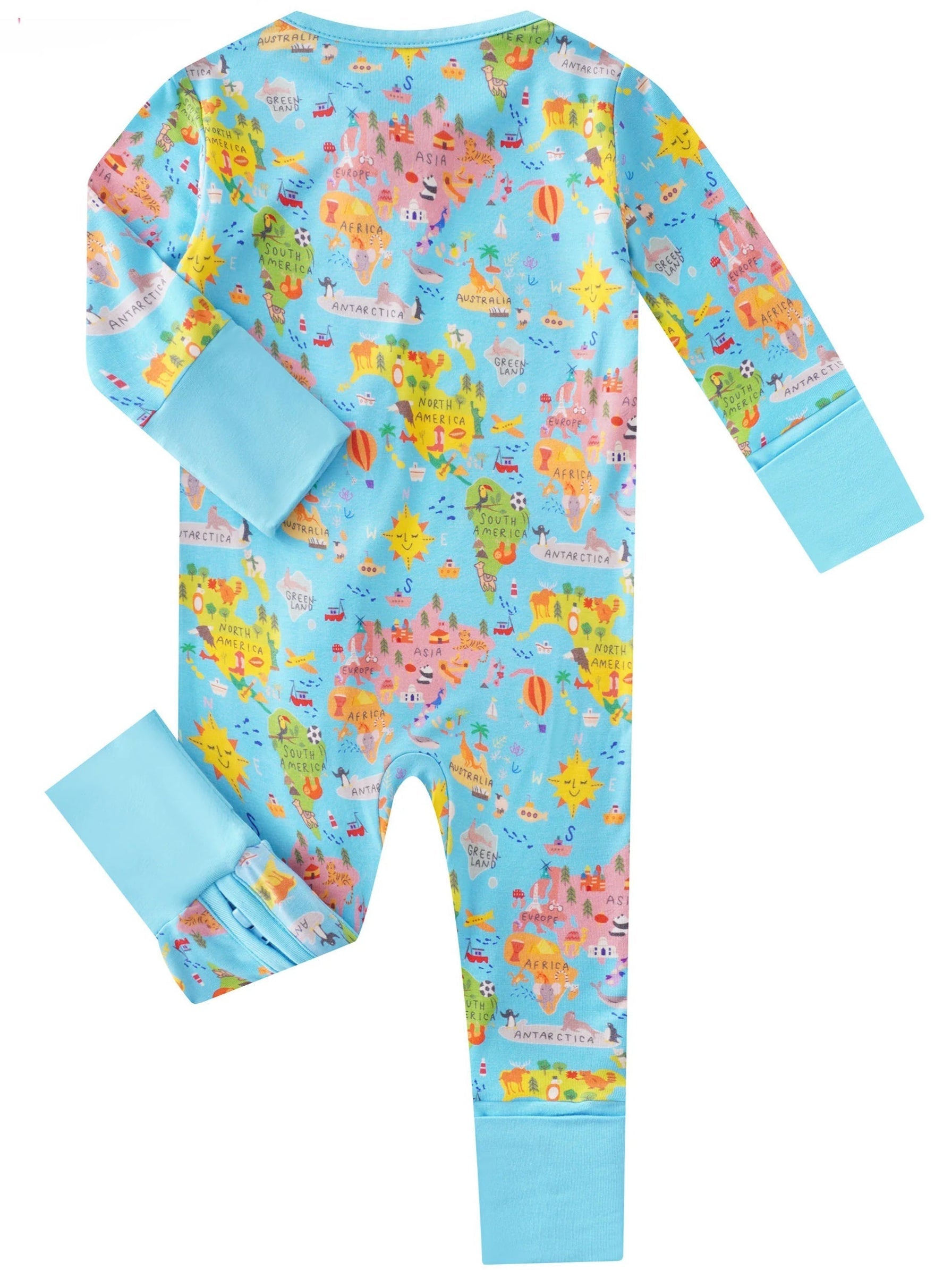 Baby convertible bamboo romper, light blue world map print, long sleeves and zip front