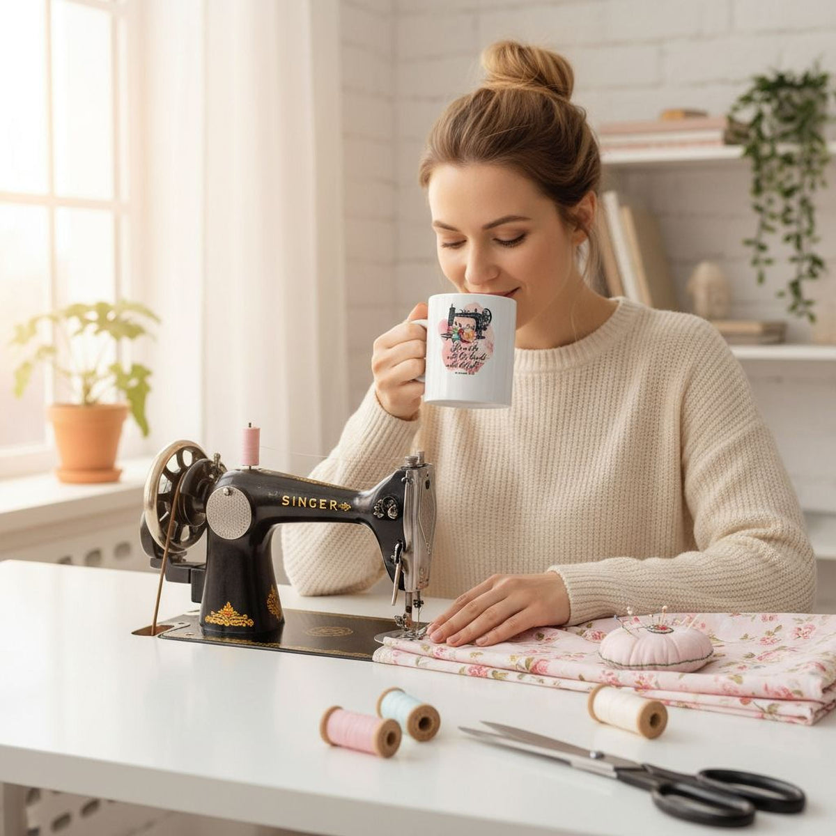 Proverbs 31 coffee mug held by woman, white cup with floral sewing machine design