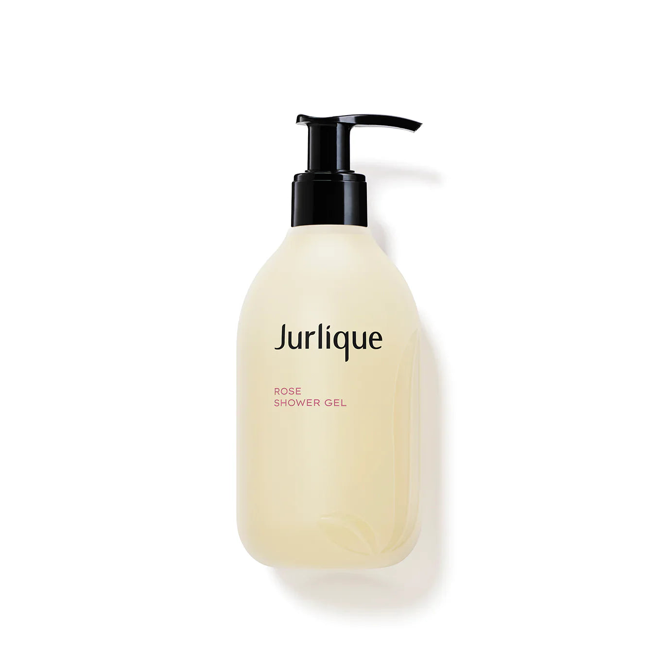 Jurlique rose shower gel bottle with black pump, pale cream liquid