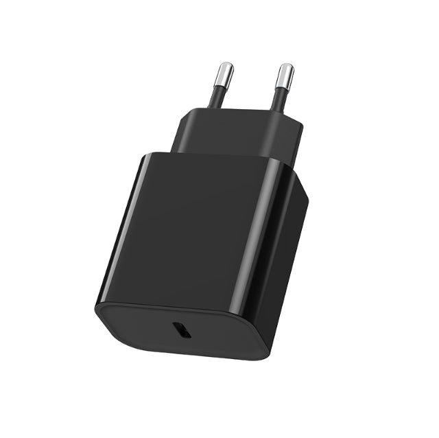 Black phone charger adapter with two-pin plug and single USB outlet