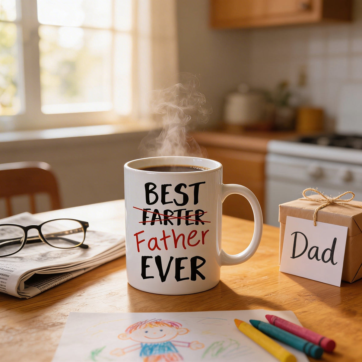 White coffee mug with "BEST FARTER" "Father" "EVER" print, filled with hot drink